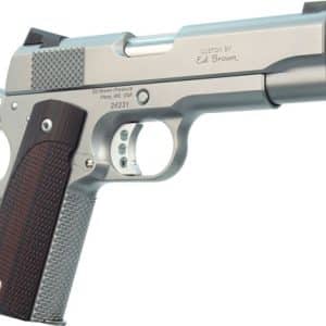 Silver semi-automatic pistol with textured brown grip, shown in a right-side profile with trigger guard visible and slide serrations.