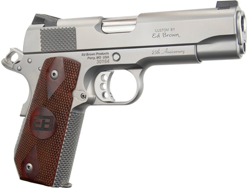 Custom-edition semi-automatic pistol with brown checkered wood grip, engraved slide reading 'Custom by Ed Brown'.