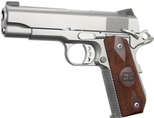 Silver semi-automatic pistol with a brown checkered wooden grip, shown in profile from the left side.