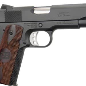 Custom Ed Brown 25th Anniversary semi-automatic pistol, dark metal slide, brown checkered grips, side view.