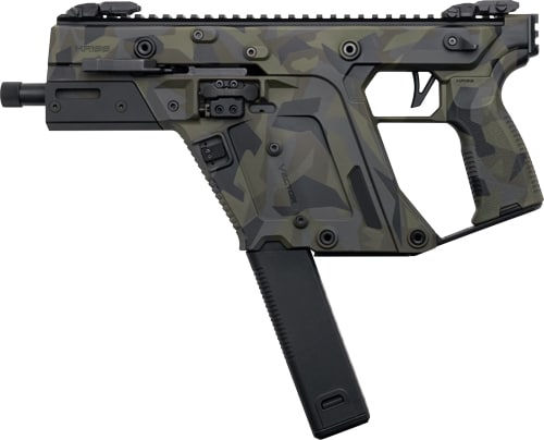 Camouflage-pattern compact rifle with top rail, pistol grip, and a magazine hanging below.