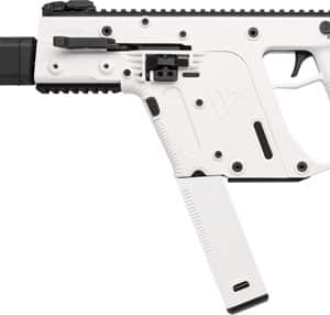 White KRISS Vector-style submachine gun with a long black suppressor on a white background.