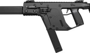 Black tactical semi-automatic rifle with a long barrel, rails, and a folding stock
