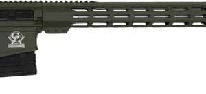 AR-style rifle with olive drab finish, collapsible stock, long tubular handguard, and muzzle brake.