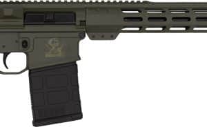 AR-style rifle with collapsible stock, long handguard, and removable magazine