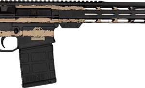 Semi-automatic rifle with black and tan camouflage, adjustable stock, and a long Picatinny rail system with a flash suppressor at the muzzle