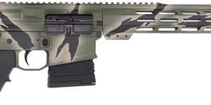Camouflage-pattern AR-style rifle with collapsible stock, pistol grip, magazine, and long handguard