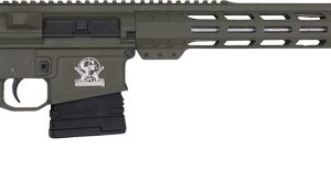 Olive-green AR-style semi-automatic rifle with collapsible stock, quad-rail fore-end, pistol grip, and muzzle brake.