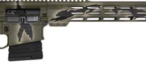 Camouflaged AR-style rifle with adjustable stock, pistol grip, extended handguard with rail, muzzle brake, and a magazine inserted.