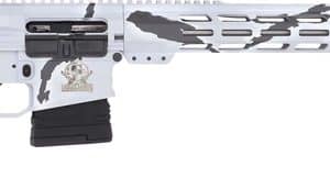 AR-15 style rifle with a white/silver camouflage finish, black stock, and a perforated handguard.