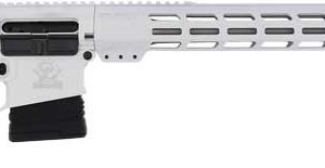 White AR-style semi-automatic rifle with black adjustable stock, pistol grip, and long vented handguard with muzzle brake