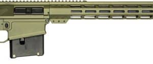 Long-barrel semi-automatic rifle with a collapsible stock, black pistol grip, olive-green receiver, and a long Picatinny-rail handguard with a box magazine inserted.
