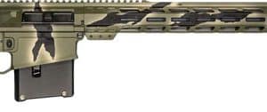 Camouflage-pattern semi-automatic rifle with adjustable stock, pistol grip, detachable magazine, and long quad-rail handguard.