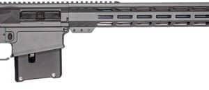 Black semi-automatic rifle with an adjustable stock, pistol grip, and a long, rail-equipped handguard with a bottom magazine