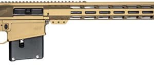 Tan and black AR-style rifle with adjustable stock and long handguard.