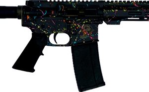 Assault rifle with a black finish and multicolor paint-splatter pattern, shown from the side with a pistol grip and curved magazine.