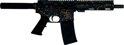 Assault rifle with a black finish and multicolor paint-splatter pattern, shown from the side with a pistol grip and curved magazine.
