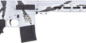 AR-style rifle with white and black camouflage, collapsible stock, pistol grip, and a detachable magazine