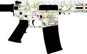 Semi-automatic rifle with a colorful paint-splatter pattern on a white background.