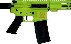 Bright green toy assault rifle with black stock and magazine, shown in profile (toy replica)