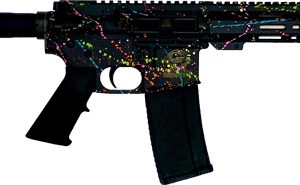 Paint-splattered AR-style rifle with a suppressor and quad-rail forearm.