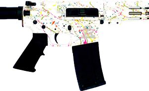 Paint-splattered assault rifle with black stock and magazine, white body decorated with multicolored splatters.