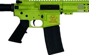 Bright green toy rifle with black stock and pistol grip, long barrel and detachable magazine.