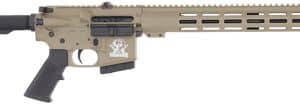Tan and black semi-automatic rifle with adjustable stock, long handguard, and skull emblem on the lower receiver.