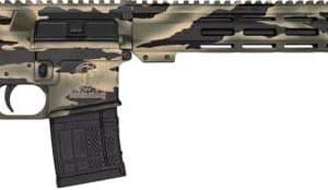 Camouflage AR-style rifle shown in profile with a black stock, pistol grip, and detachable magazine.