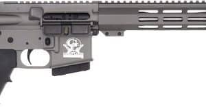 AR-15 style semi-automatic rifle with adjustable stock, pistol grip, and a long quad-rail handguard