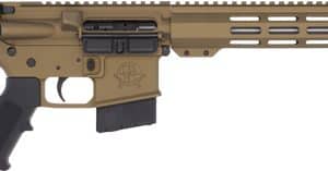 AR-style semi-automatic rifle with tan upper and handguard, black stock and grip, long ventilated handguard, and muzzle brake.
