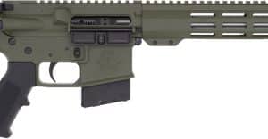 Olive and black modern sporting rifle (AR-style) with collapsible stock, pistol grip, and long vented handguard.