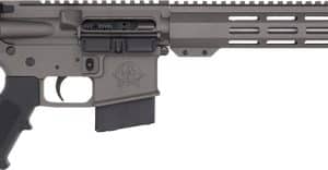 AR-15 style semi-automatic rifle with collapsible stock, pistol grip, and long quad-rail handguard with a muzzle device on the end of the barrel