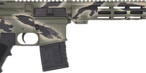 AR-15 style rifle with a desert camouflage finish, collapsible stock, pistol grip, and a long free-floating handguard shown in profile.