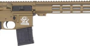 Tan and black AR-15 style rifle with collapsible stock, long rail handguard, and a skull emblem on the receiver.