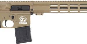 Tan AR-style rifle with collapsible stock, black grip, tan free-float handguard, and muzzle brake; magazine inserted.