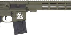 AR-style assault rifle with green receiver, black stock and grip, 30-round magazine, and long ventilated handguard