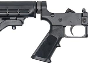 Side view of a black AR-style rifle with an adjustable stock and textured pistol grip.