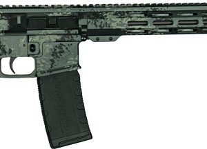 Camouflage-pattern modern sporting rifle with adjustable stock and polymer grip, shown in profile on a white background.
