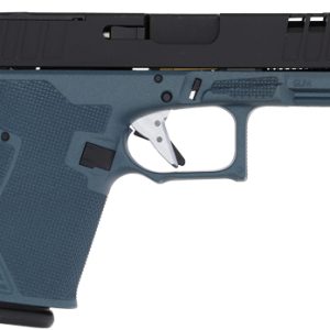 Side view of a semi-automatic handgun with a blue grip and black slide, shown in profile.