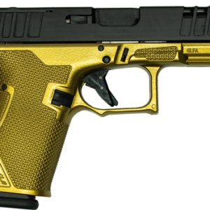 Gold-colored semi-automatic pistol shown in side profile with a black slide.
