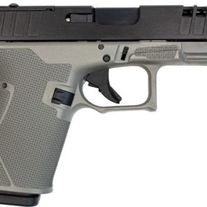 Side view of a semi-automatic handgun with a textured gray grip and black slide.