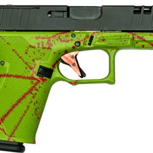 Green handgun with a black slide and red paint splatters, facing right.
