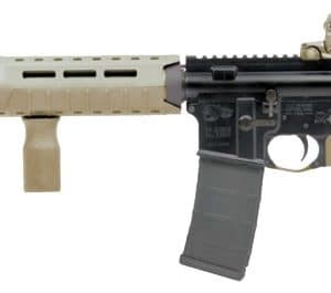 Desert-tan AR-style rifle with black lower, tan furniture, a detachable magazine, shown in profile on a white background