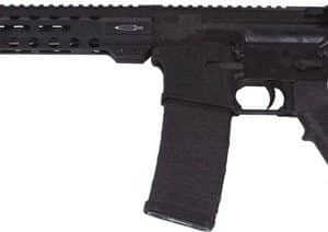 Black semi-automatic rifle with a long handguard, detachable magazine, and adjustable stock shown in profile on white background.