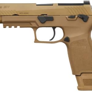 Desert-tan SIG Sauer M17 semi-automatic pistol viewed from the side with a polymer grip and accessory rail on the frame.