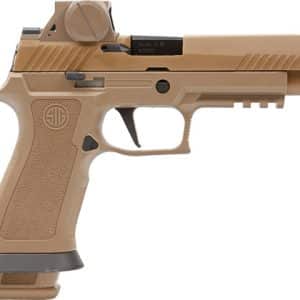 Desert-tan semi-automatic handgun with mounted optic, textured grip, and accessory rail.