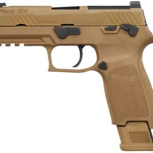 Tan SIG SAUER handgun with black controls and a detachable magazine inserted, shown in side view for product display