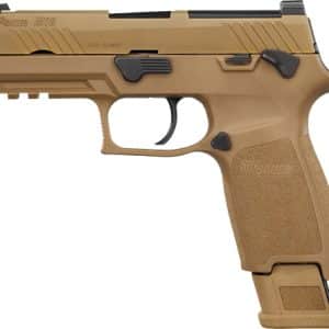 Side view of a tan SIG Sauer semi-automatic pistol with a textured grip and magazine inserted.