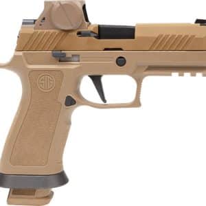 Tan SIG Sauer semi-automatic pistol with accessory rail, left-side view.